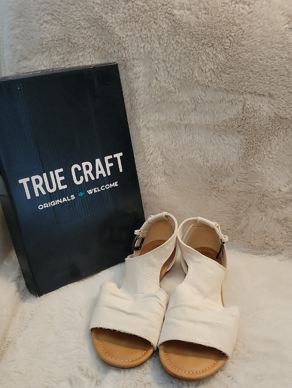 True Craft Women's Cream Open-Toe Slingback Canvas Sandals